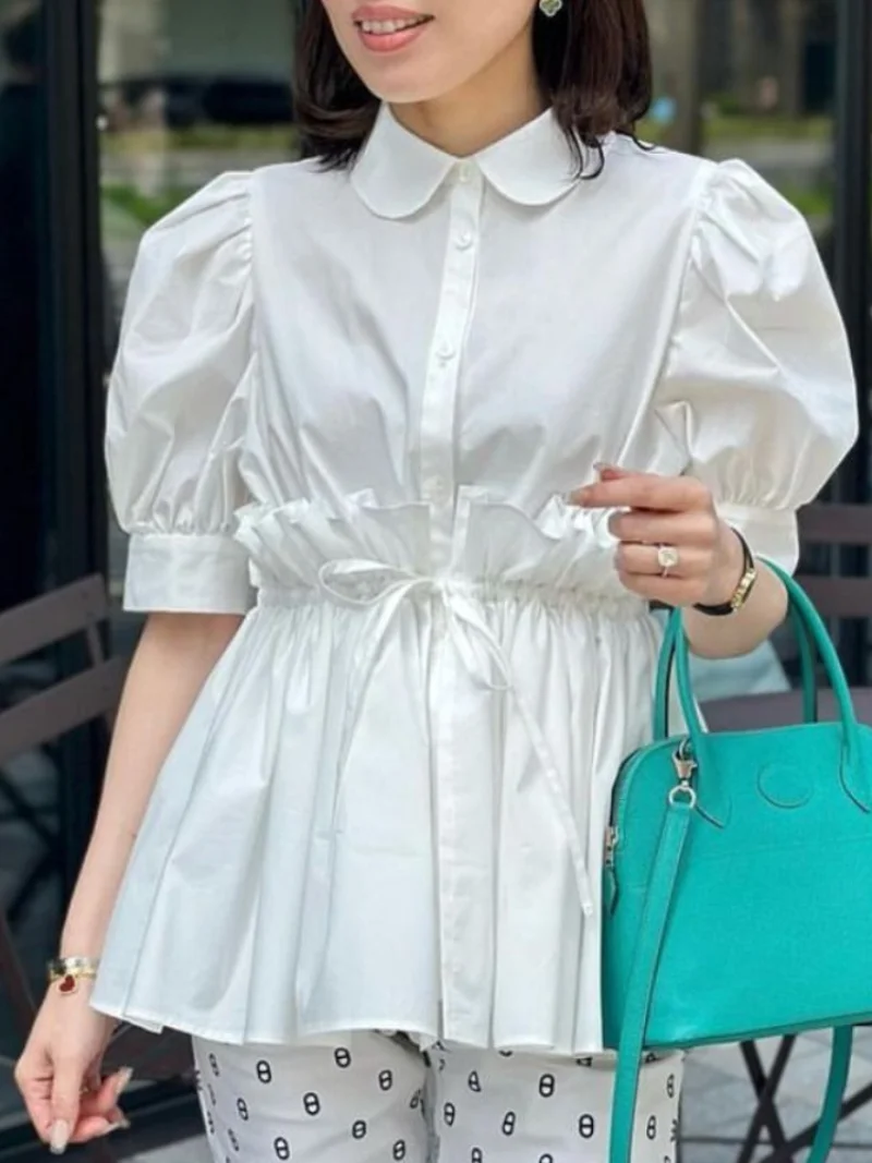 Puff Short Sleeve Blusas Mujer Peter Pan Collar Drawstring Tunic Shirts Blouses Summer New Clothes Women Sweet Shirt Tops