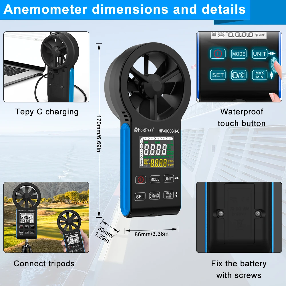 HoldPeak HP-6000GH-C Anemometro ricaricabile, Anemometro HVAC Anemometro impermeabile Touch-Screen a colori, Misuratore di flusso d\'aria portatile