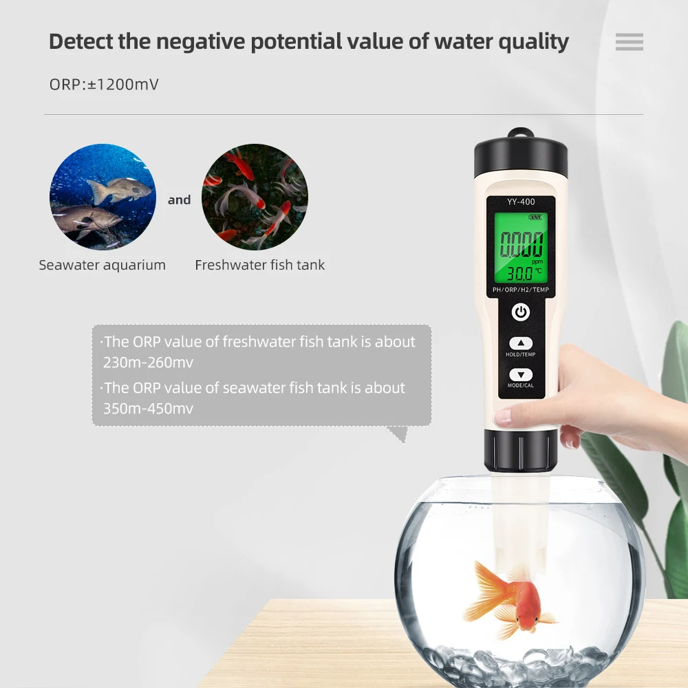 4 in 1 Water Tester Monitor H2 PH ORP TEMP Meter Reactive Oxygen Hydrogen Analyzer ATC 0-2400PPb for Aquariums Pools Spa