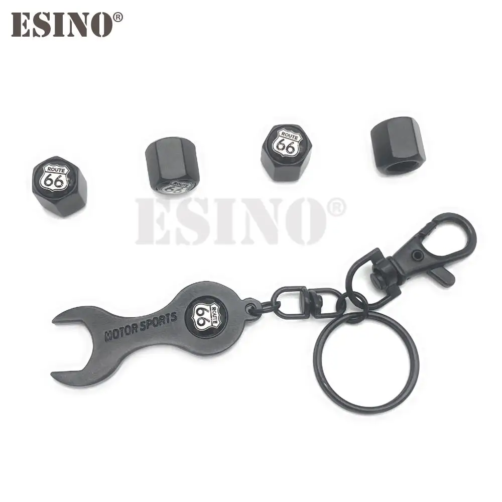 4 x Car Styling Stainless Steel Zinc Alloy Wheel Tire Valve Stems Caps Route 66 Universal Fit With Mini Wrench Key Chain