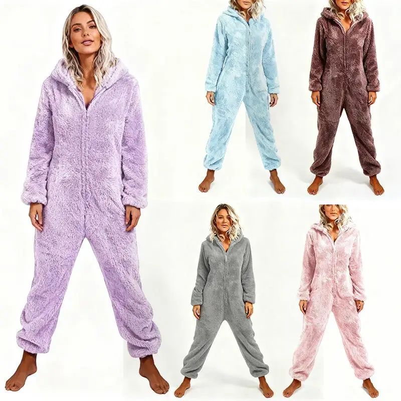 Women's White Hooded Pajama Jumpsuit with Long Sleeve Zipper Low Waist Short Pants Comfortable Breathable Summer Sleepwear