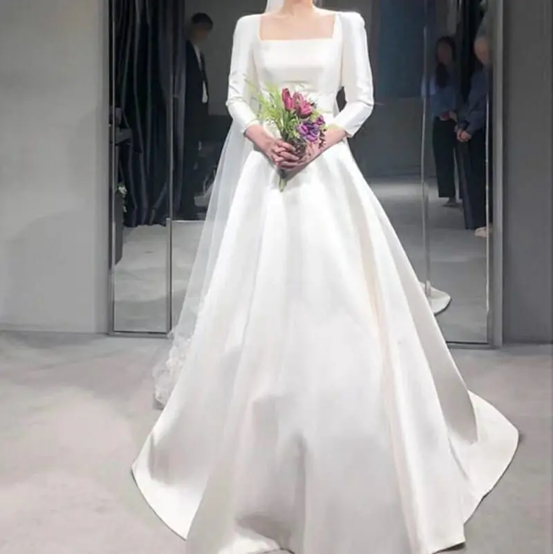 Elegante Satin Hochzeit Kleider A-linie Hochzeit Kleid Quadrat Kragen Neck Hochzeit Kleider Für Frauen 2022 Braut Robe De Mariee