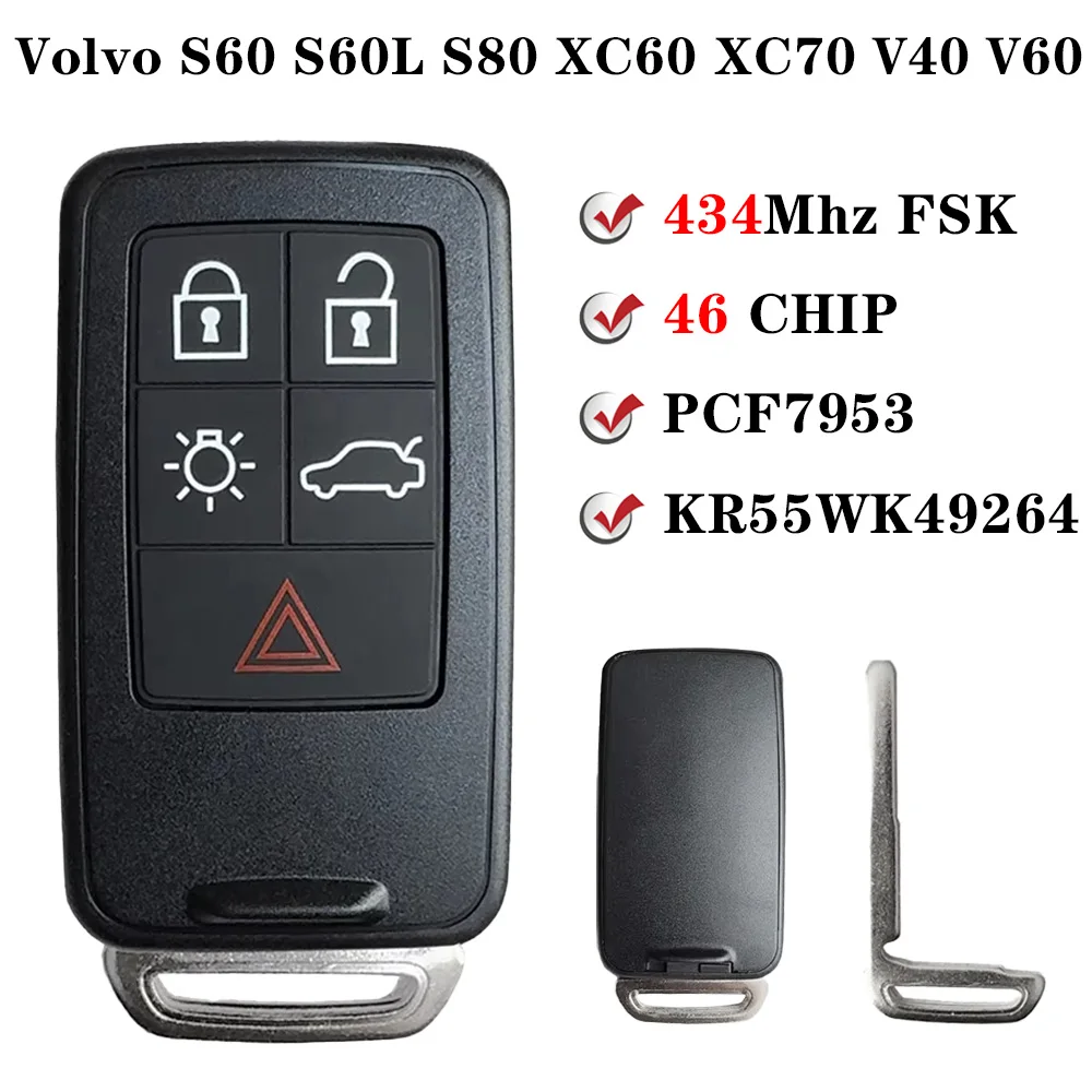 For 2011-2017 Volvo S60 S60L S80 XC60 XC70 V40 V60 KR55WK49264 Remote Control Card Key ID46 PCF7953 433MHz 5 Button