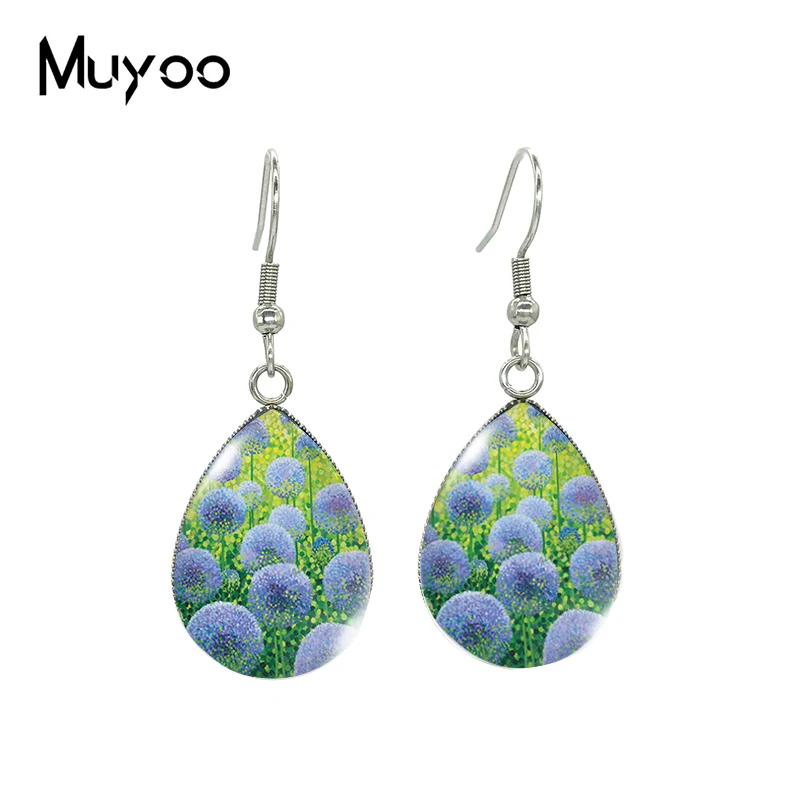 Pendientes de gota de lágrima azul Allium Caeruleum, pintura, gancho de pescado, joyería de cabujón de vidrio, artículos hechos a mano, nuevo, 2023