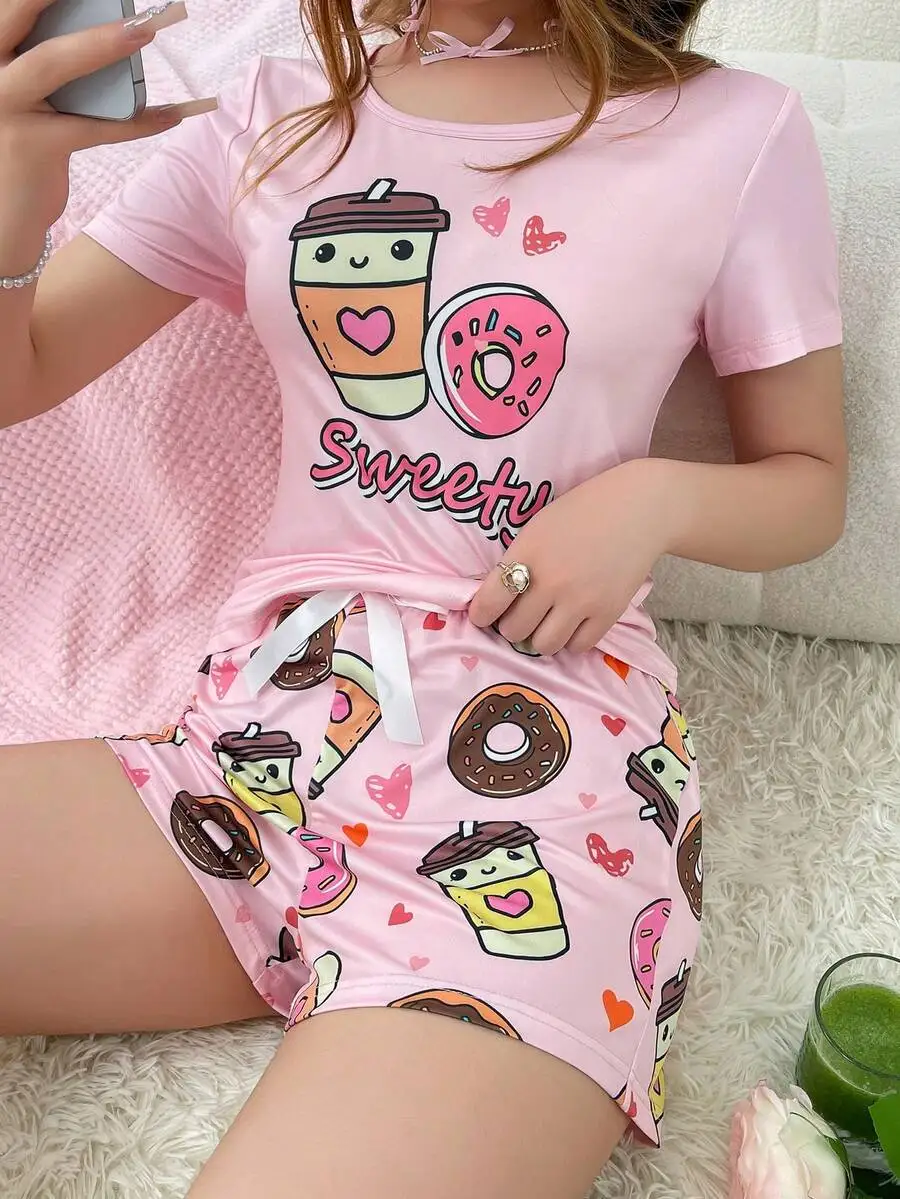 Women Summer Cute Cartoon Printed Short Sleeve Pajama Set