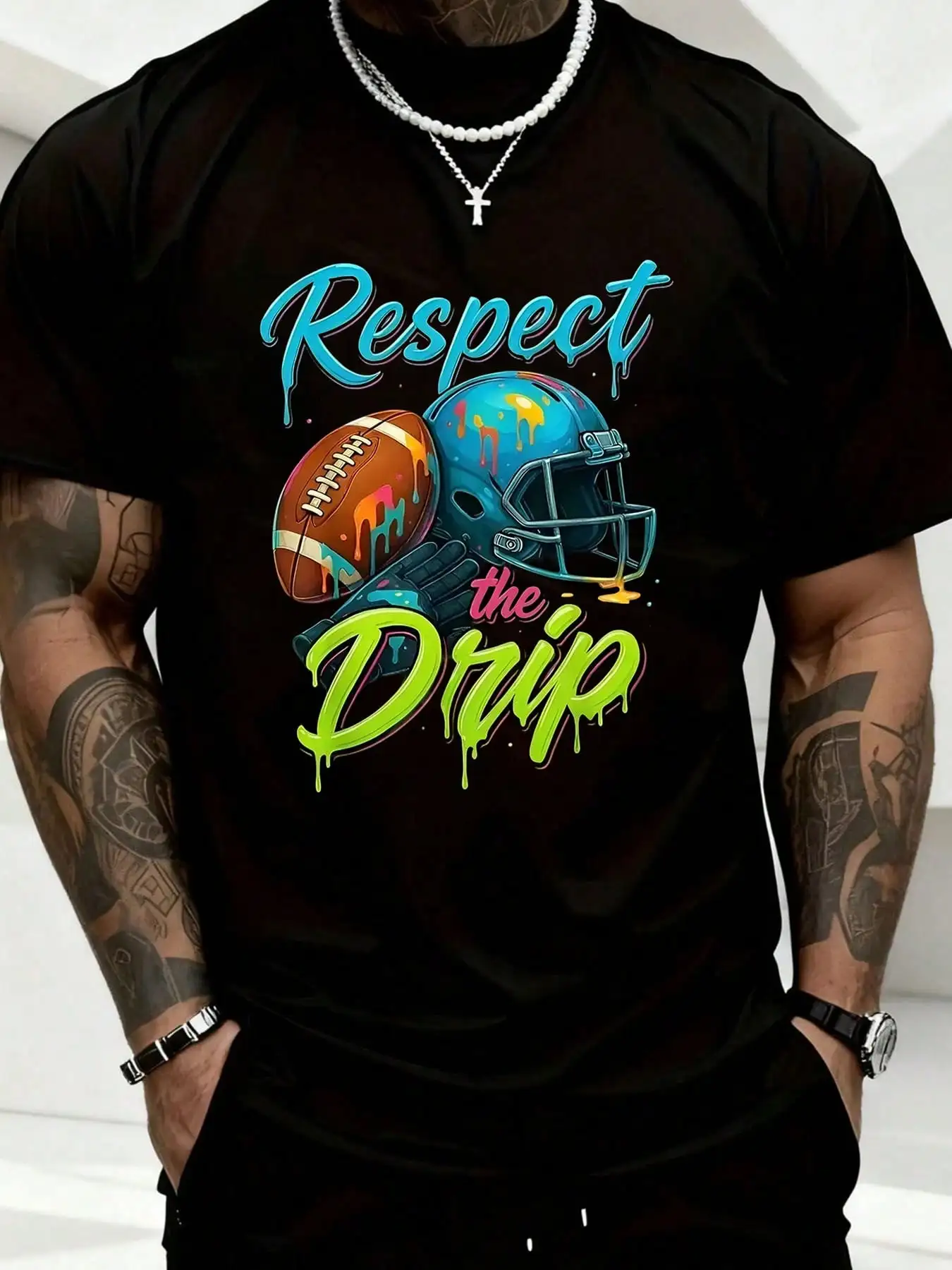 Respect The Drip Football Helmet And Ball Graphic T-Shirt For Men Streetwear Style Casual Wear Sport Inspired Fashion Top