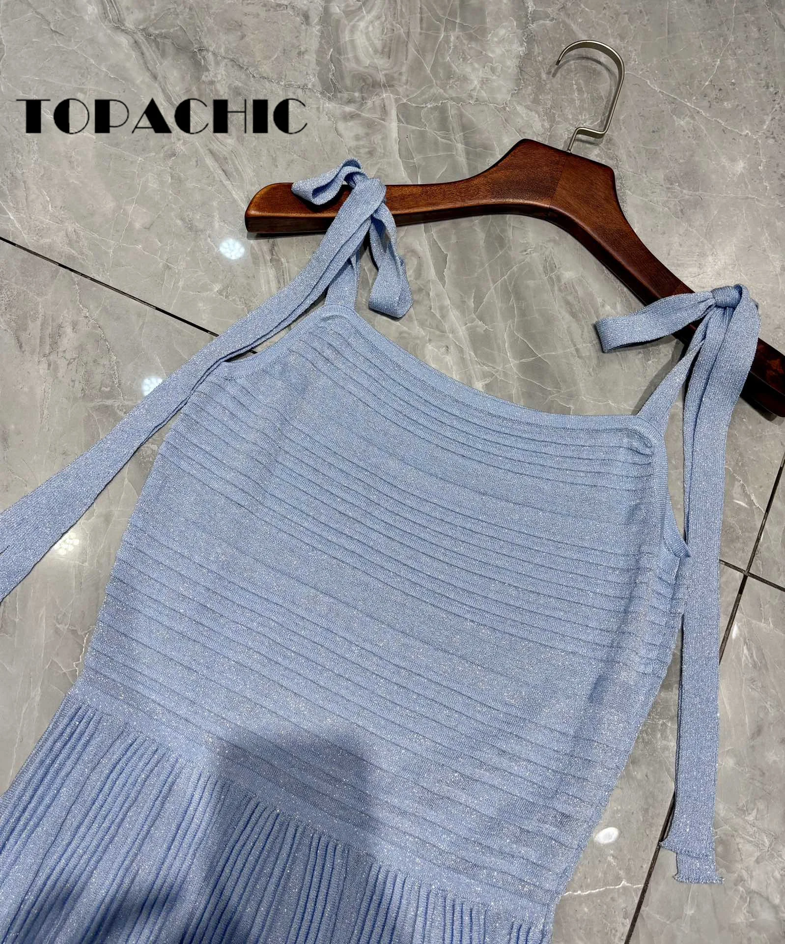 7.1 TOPACHIC Women Fashion Sexy Bowknot Suspender Knitted Dress Elegant Slash -Seck High Waist Pleated Midi Dress