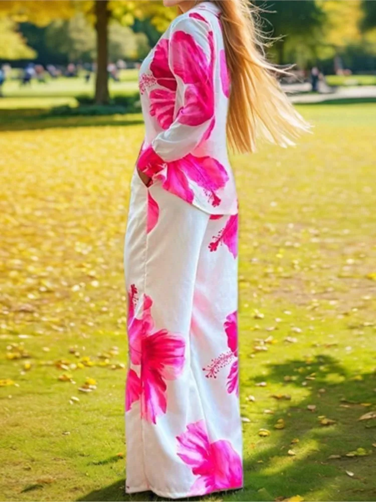 Fashion Long-sleeved Lapel Single-breasted Shirt Top + Wide-leg Pants 2-piece Set Women Autumn Floral Printing Loose Suit Female
