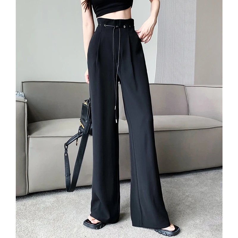 

Autumn New Black Leather Cord Belt Women's Clothing Pants Korean Fashion Casual Slim Fit Straight High Waist Wide Leg Trouser