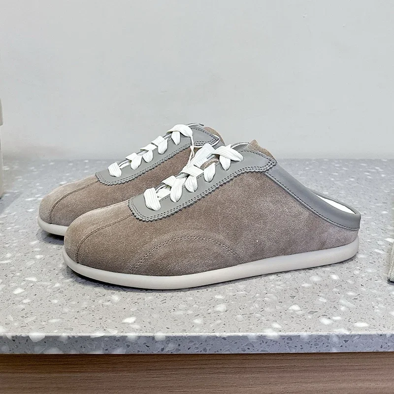 Scarpe casual stringate retrò in pelle scamosciata di mucca Punta chiusa Fondo piatto spesso Ciabatte pigre Scarpe da passeggio per le vacanze primavera autunno unisex 2025