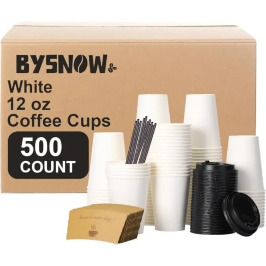 To Go Coffee Cups for Home Office Cafes and Party: 500-pack 12 oz disposable cups with lids white food-grade PP plastic leak-pr