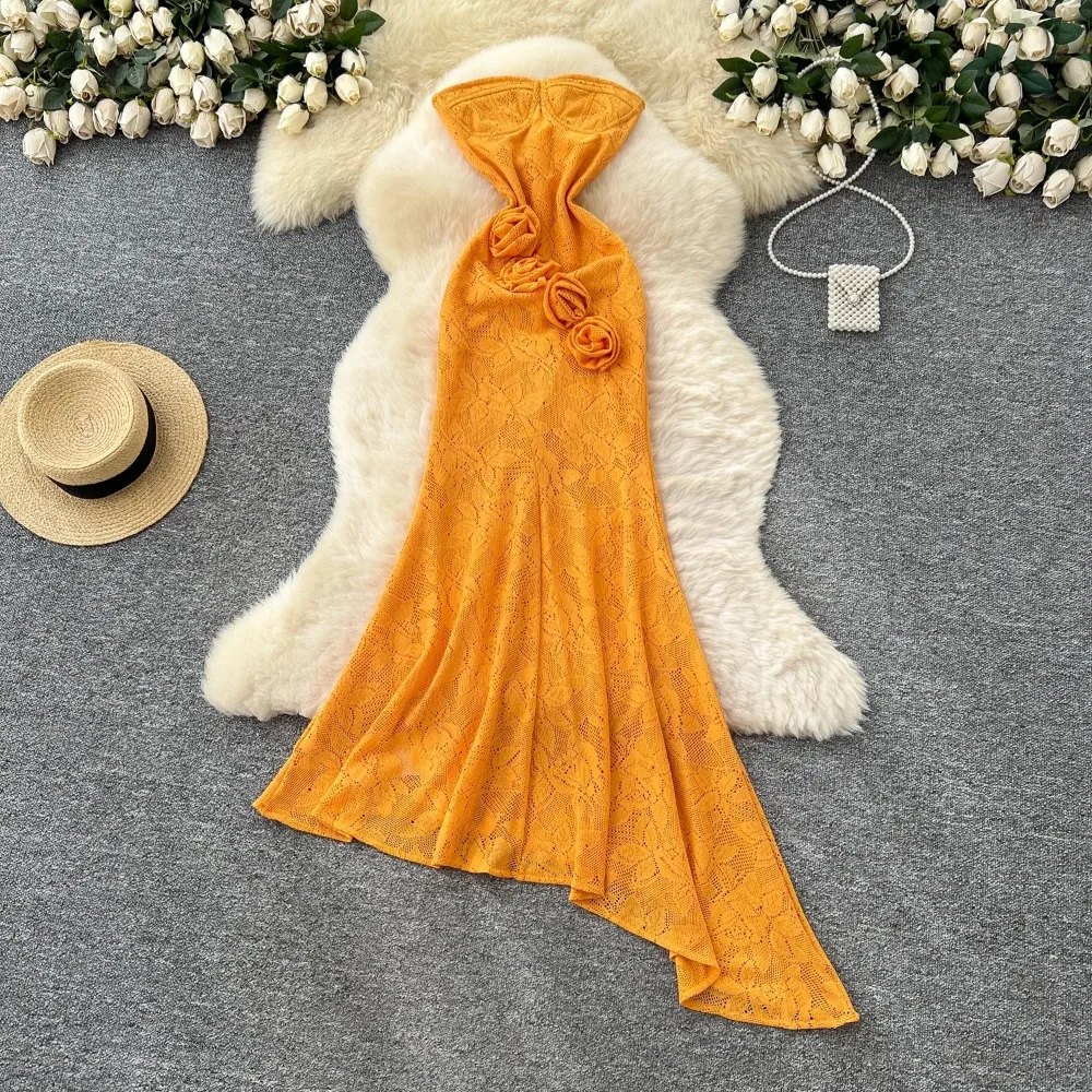 Chic vintage asymmetrical Strapless pencil dress Elegant Fairy korean fashion Boho Sundress women clothing Long dress