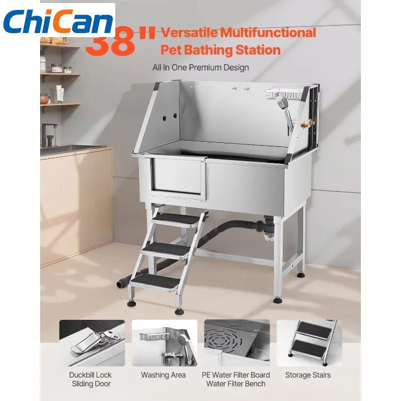 

【Hot】 Stainless Steel Dog Washing Station 38inch Pet Grooming Tub W/ Storage Stairs Faucet&Showerhead&Soap Holder Dog Bathtub