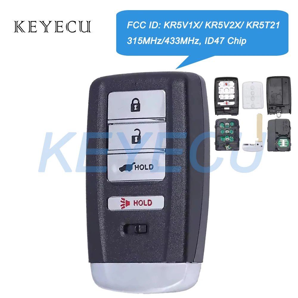 Keyecu KR5V1X KR5V2X KR5T21 for Acura MDX RDX ILX TLX 2014 2015 2016- 2021 Smart Remote Car Key Fob 315MHz 433MHz With ID47 Chip