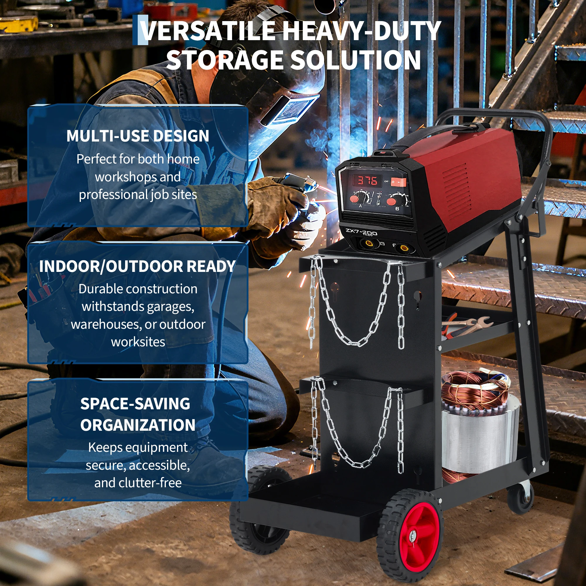 Heavy Duty 3-Tier Welding Cart – Large Tilt Table – 270 lb Capacity – 360° Swivel Wheels – Gas Tank Storage – For MIG TIG ARC Welders & Plasma Cutters – Workshop & Garage