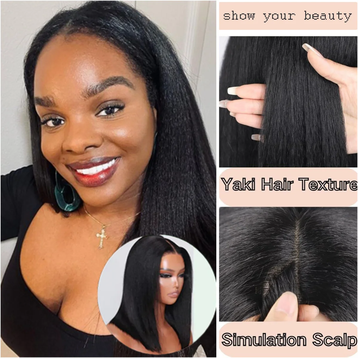 Yaki Synthetic Straight Wigs For Black Women, Middle Part, Natural Black, Daily Party Cosplay, Halloween Christmas Festival Hair