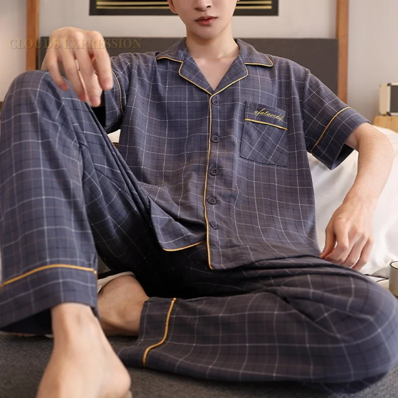 Summer Knitted Plaid Cool Men\'s Pyjamas Plus 5XL Pajama Sets Casual Pjs Lounge Masculine Sleepwear Nightwear Pijamas Homewear