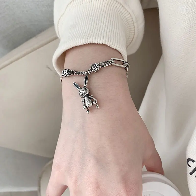 

New 925 Sterling Silver Original Jewelry For Women Robot Rabbit Design Retro Female Charm Bracelet Never Fade Birthday Gifts