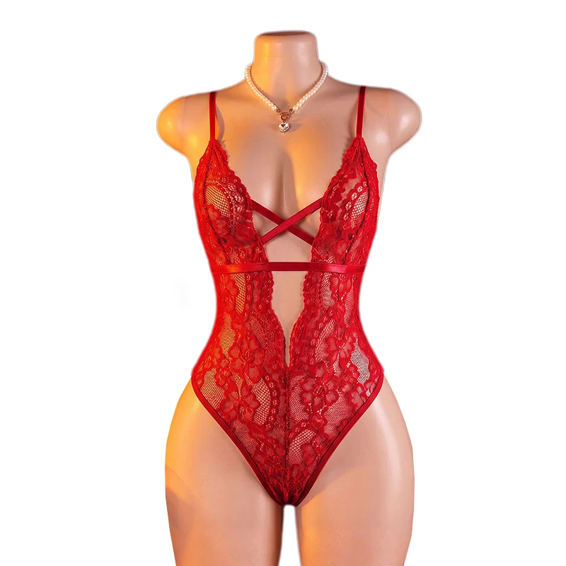 Sexy Women's Underwear Exotic Backless Lace Bodysuit Transparent Hollow Erotic Lingerie