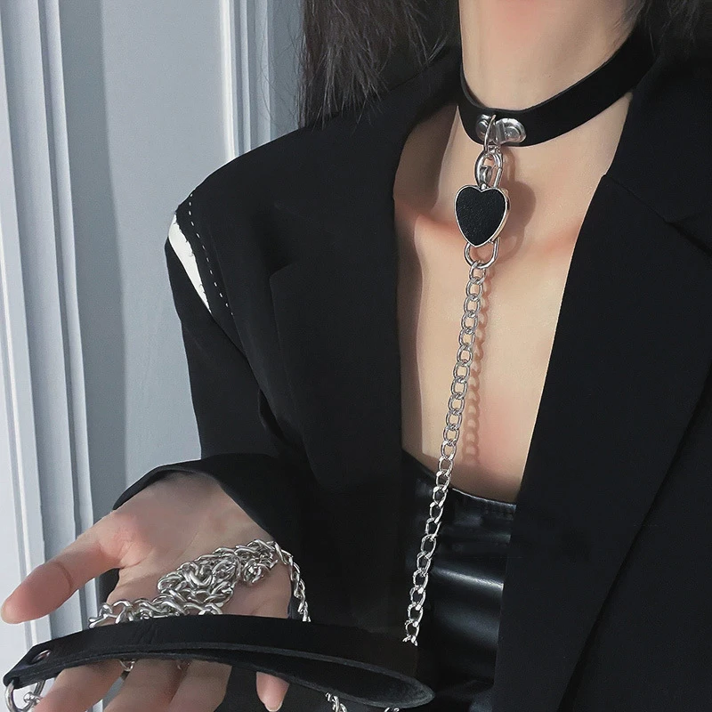 1PC Gothic Harness Women Collar Chain Choker Sexy PU Leather Chain Pendant Collar Choker Necklace Cosplay Accessorie For Couples