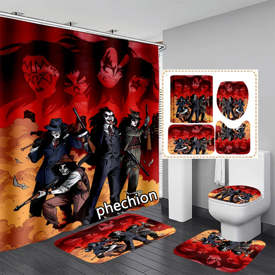 phechion Kiss Band 3D Print Waterproof Bathroom Shower Curtain Toilet Cover Mat Non-Slip Floor Mat (1/3/4Pcs) W74