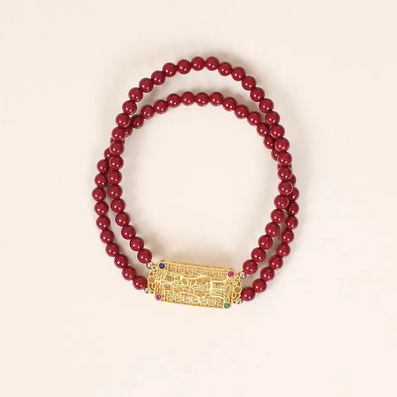 Natural Cinnabar Double Loop Bracelet Silver Gold Plated for Women Zodiac Year Protection Ethnic Style Protective Talisman Gift