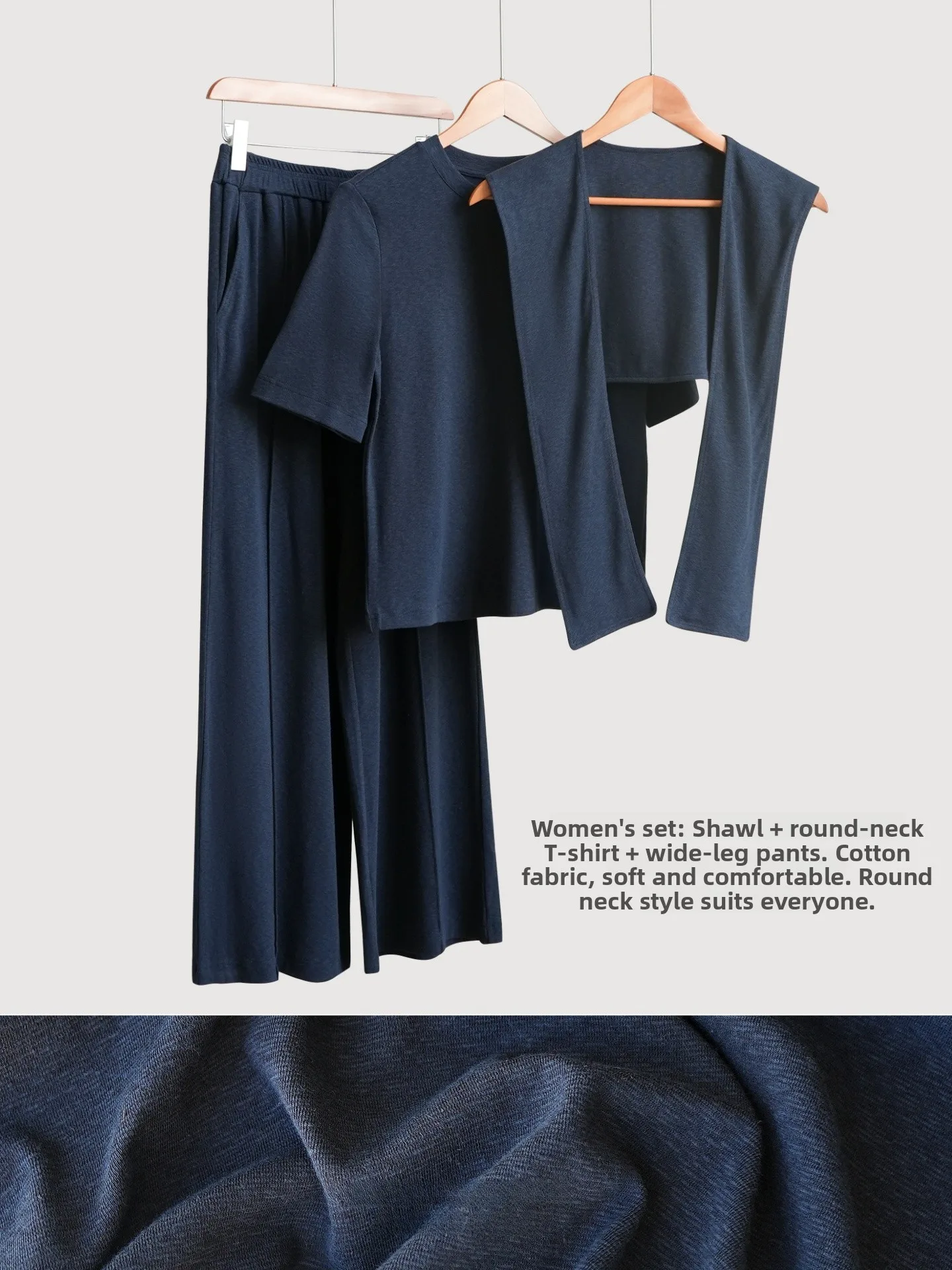 

Women's Tee-Piece Set with awl Pure Color Cotton round Ne ort Sve T-irt Elastic Waist Wide Leg Pants Spring Faion