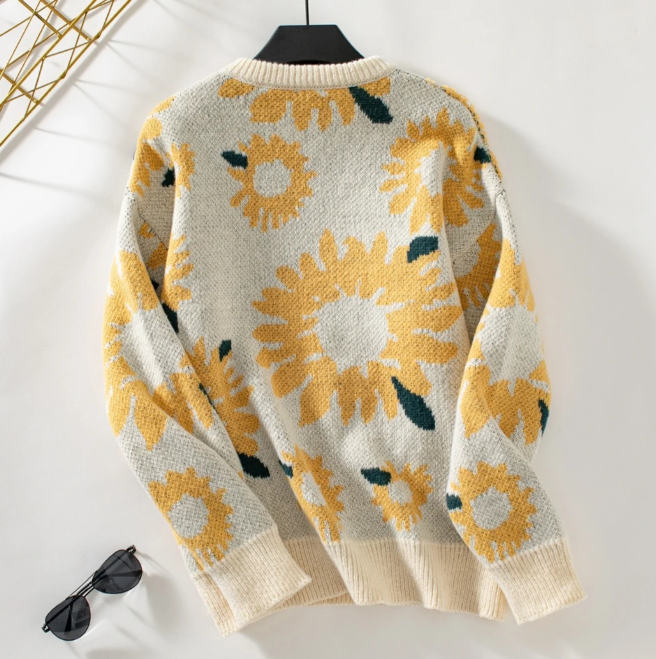 Vintage Lazy Casual Autumn Women's Sweater Top Sunflower Embroidery Print O-Neck Long Sleeved Pullover Loose Fit Knit Sweater