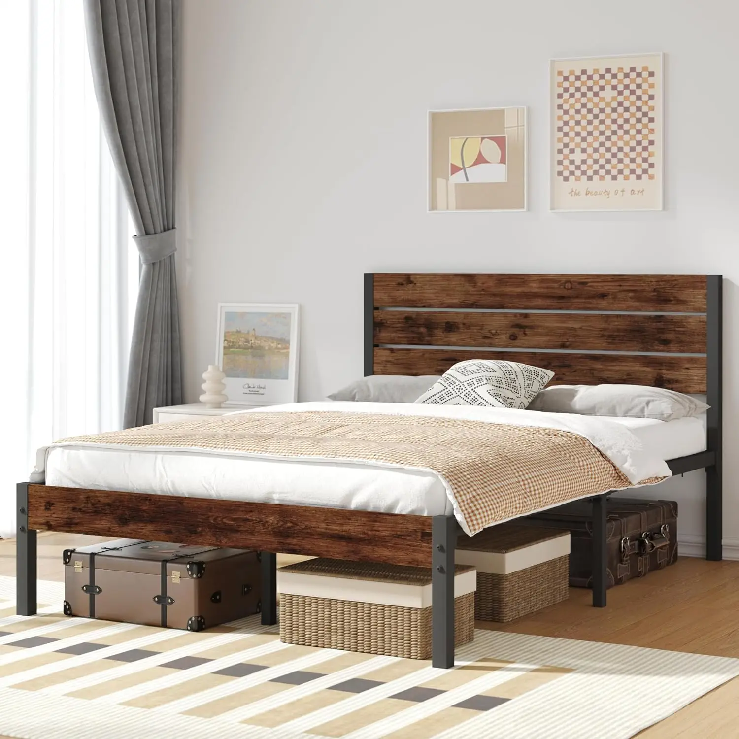 Estructura de cama completa con cabecera y, estructura de cama completa de metal con almacenamiento debajo de la cama, sistema de soporte totalmente metálico, sin caja