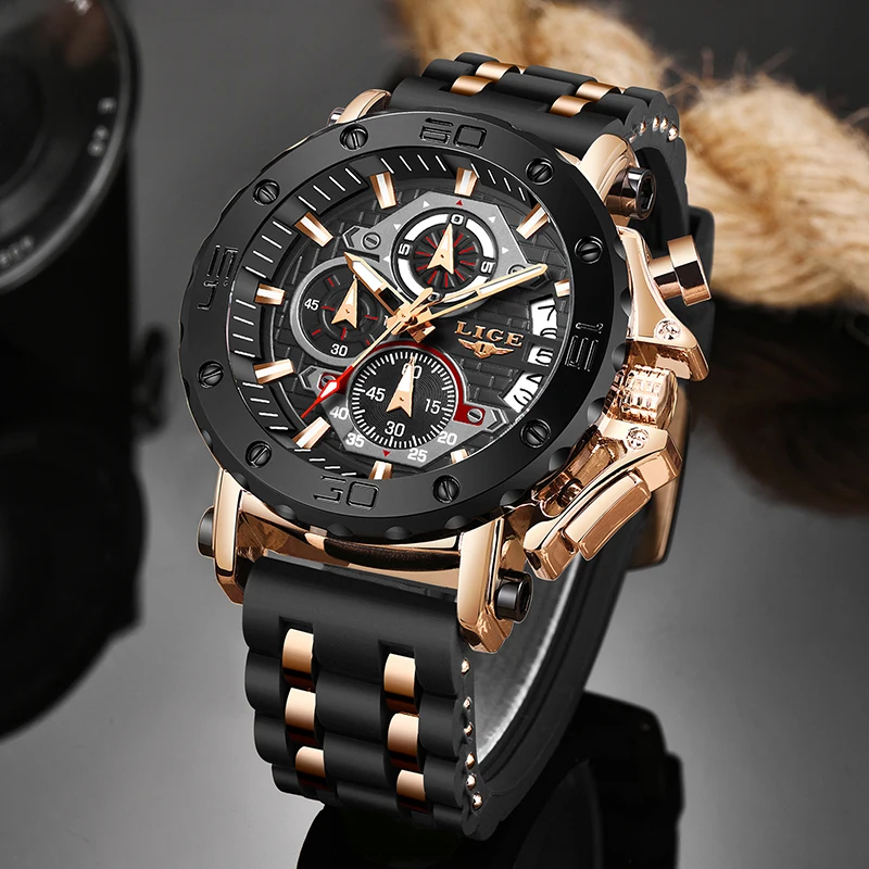 Lige neue mode leder uhr für männer sport quarz chronograph armbanduhren top luxus militär uhr männer montre homme box