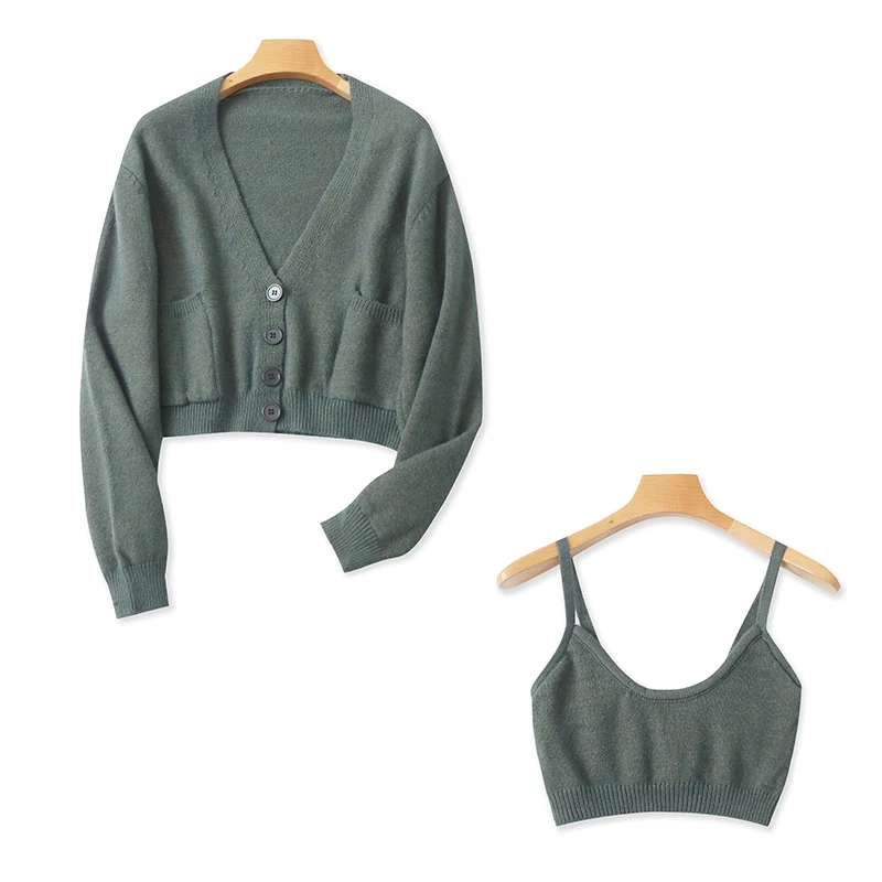 

Faionable V-Ne Open Cardigan Sweater Crop Top Two-Piece Set Autumn New Women's Wear Single Button Long Sve ort Length