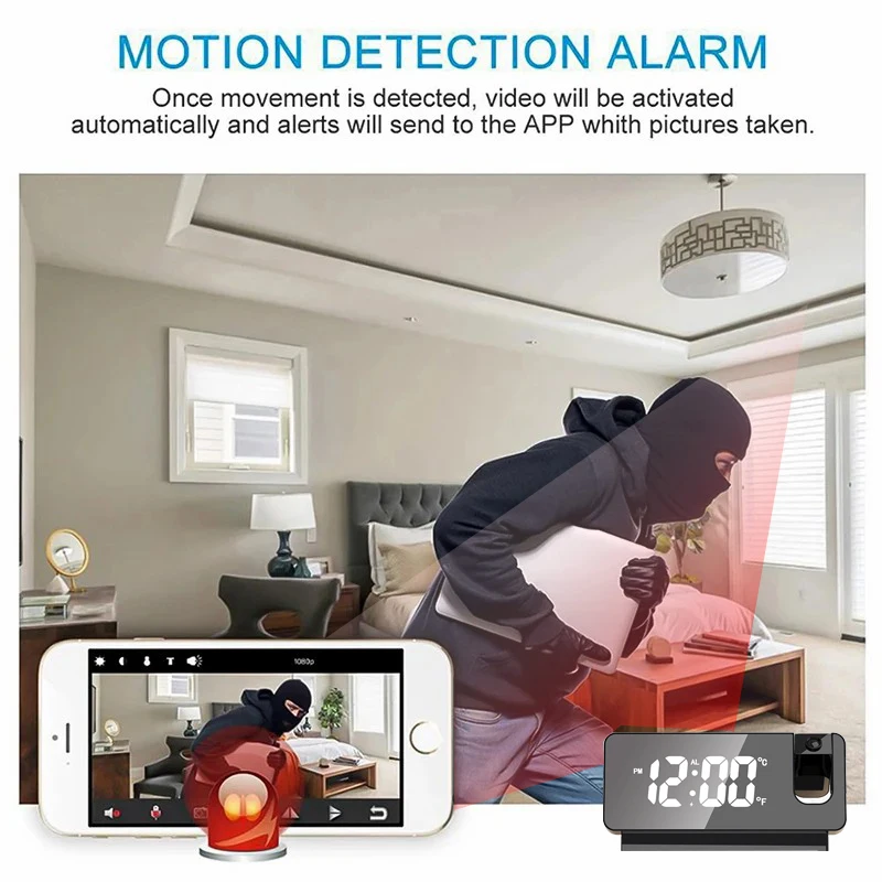 Time Projection Clock Mini Camera 1080P HD Supports 2.4G WiFi Mobile Capture USB 24-hour Plug in for Indoor Room Store Video Cam