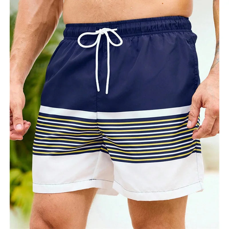 Vintage Simple Stripe Board Short Men's Clothing Contrast Color 3D Print Summer Fashion Beach Shorts Drawstring Men Clothing