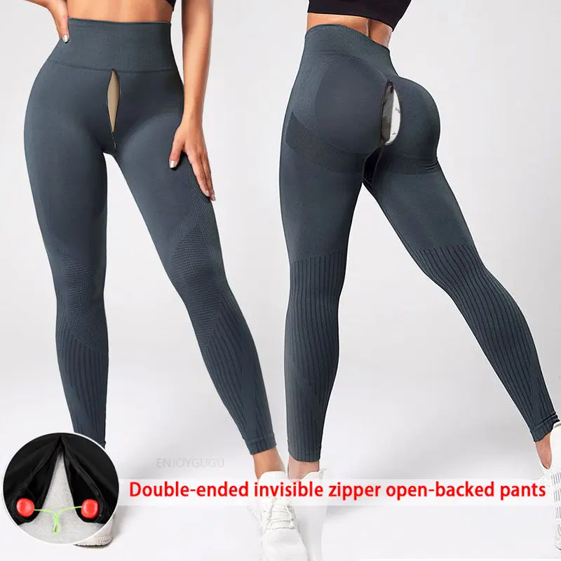 Seamless Leggings Invisible Zipper Open Crotch Pants Peach Hip Fitness Trousers Women High Waist Club Outdoor Convenient Bottoms