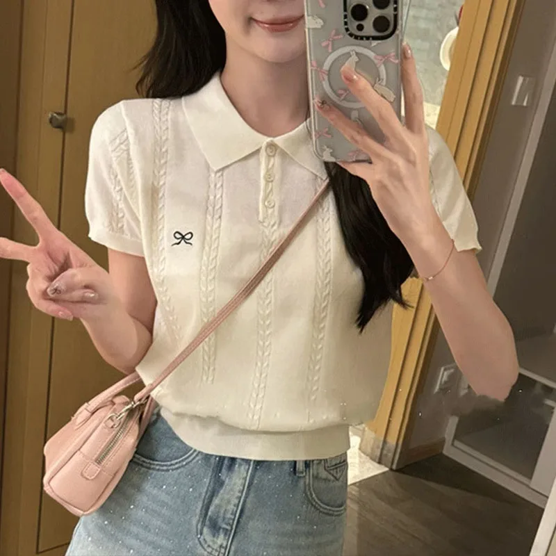 

Women's Clothing Embroidery Bow T-shirt Summer Nice Slim Casual Knit Sleeve Short Tee Lady Fashion Turn-down Collar Pullover Top