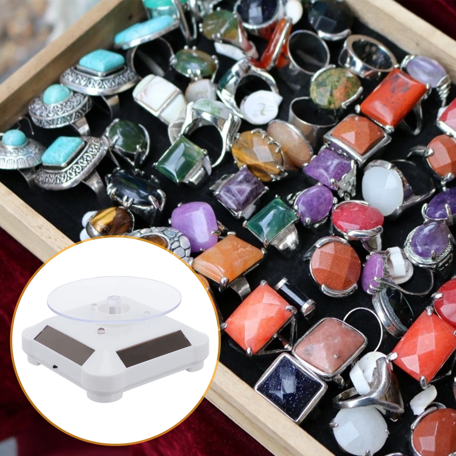 

LED Rotating Display Stand 360 Degree Jewelry Turntable Solar Powered Retail Showcase Earring Necklace Watch Holder Motorized