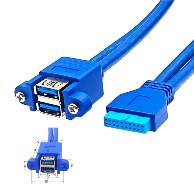 0.3m Dual Double USB 3.0 A Female 2 Port to Usb 3.0 20Pin Female Motherboard Mount Twins Cable Adapter With Screw Hole 50cm