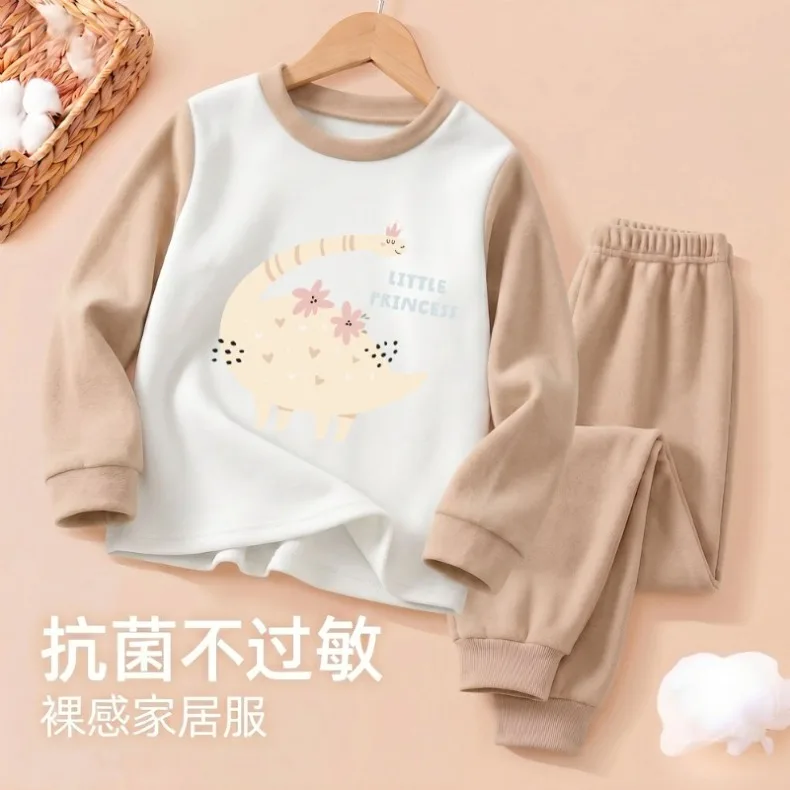 Herbst-Winter Mädchen Freizeit-Schlafanzüge Jungen Samt-Fleece Warme Hauskleidung Sets Kinder Langarm-Unterwäsche Anzug Pyjamas Neu – Detail 5