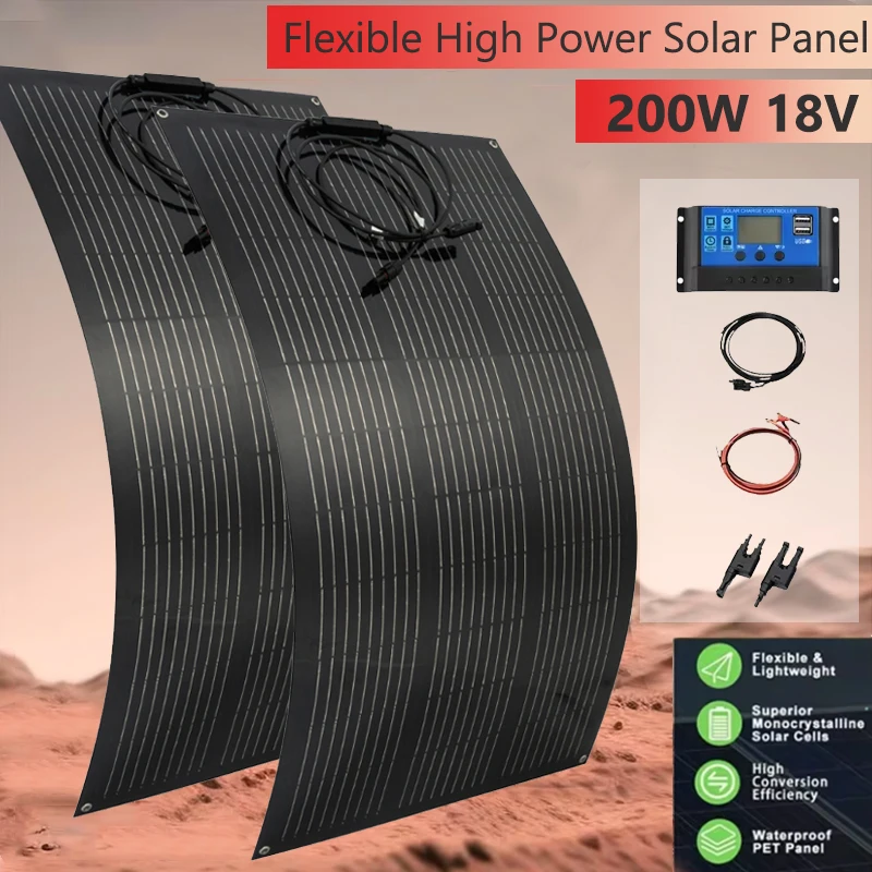 Panel Solar monocristalino Flexible de 100W y 200W, carga de batería para acampar al aire libre, yate, autocaravana, coche, RV, barco