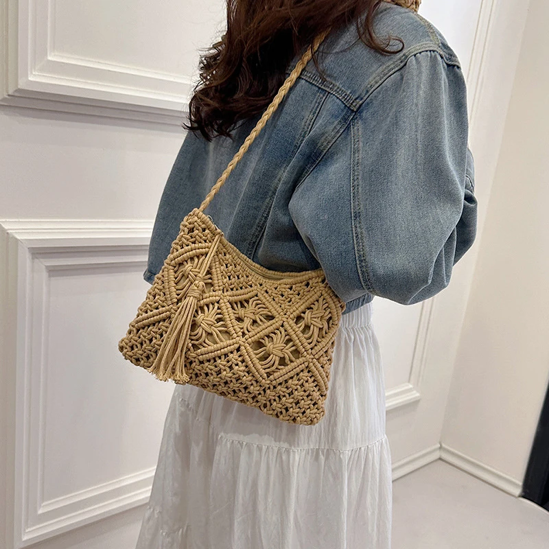 Mode Woven Aushöhlen Schulter Taschen Stroh Sommer Umhängetasche Strand Reise Handtasche Weiblichen Beutel Frauen Messenger Taschen 2024 – Detail 15