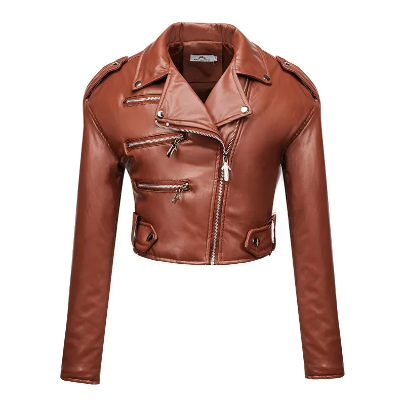 2024 Men's Slim Fit Short Cotton High Waist Long Sleeve Lapel Oblique Zipper PU Leather Jacket