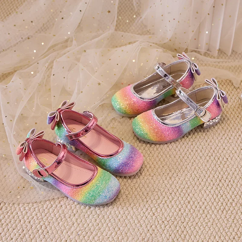 New Leather Shoe Fashion Versatile Girl Shoes Anti Slip Soft Crystal Kid Shoes Rainbow Performance Princess High-heeled Sandals