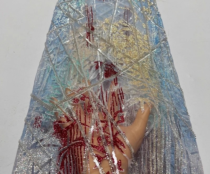 

French luxurious lace mesh fabric, high-quality African twill colored bamboo sequin embroidery fabric, lace trim fabric