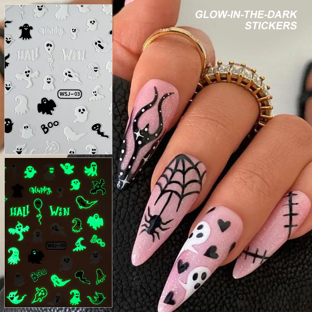 Glow In The Dark Halloween Nail Stickers 3D Luminous Spider Web Nail Decals Self Adhesive Skull Stickers For Halloween Manicure*