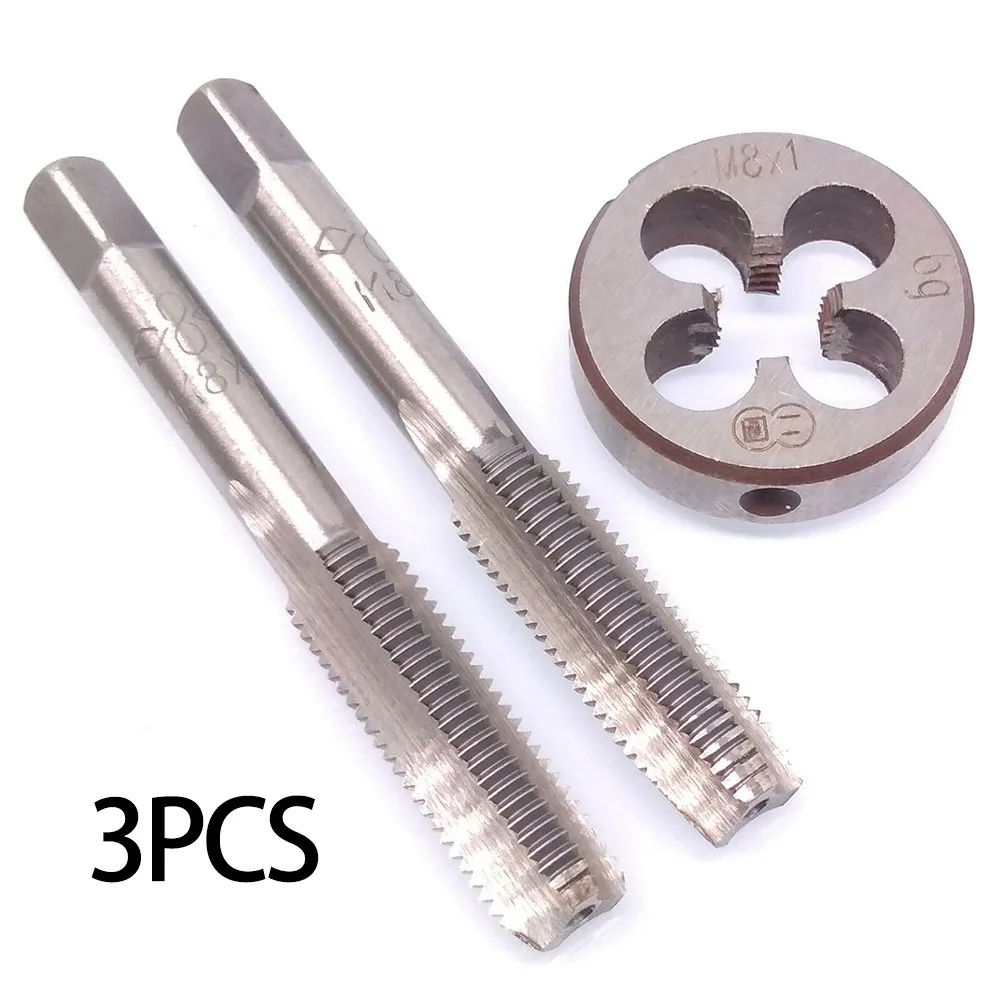 Carbon Steel M8 x 1mm Taper Tap and Die Set for Metric Thread Right Hand 3pcs Package Including 2 Taps and 1 Die