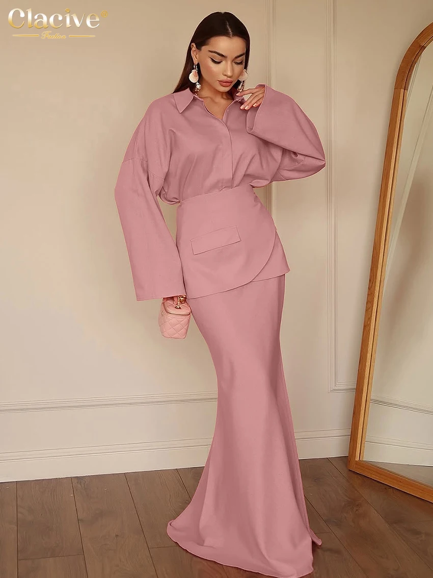 

Clacive Fashion Loose Pink Cotton 3 Pieces Set For Woman 2025 Elegant Long Sleeve Shirt + Girdle With High Waist Maxi Skirt Set