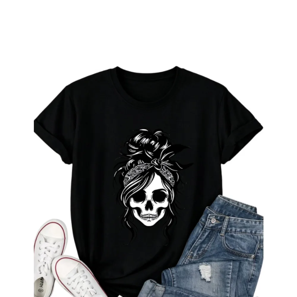Messy Bun Skull With Bandana Graphic Tee, Gothic Woman Skull Head Art Print, Women Casual Crew Neck Cotton Short Sleeve T-shirt