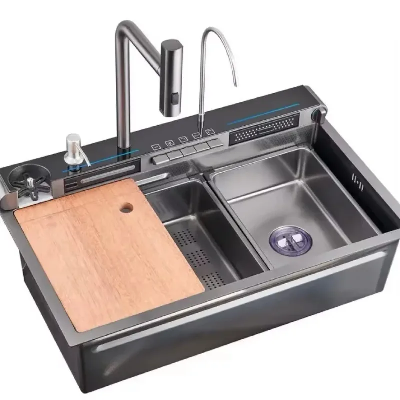 High Quality Single Bowl Stainless Steel Kitchen Sink with Faucet Handmade Digital Display Waterfall Bottom Black Kitchen Sink