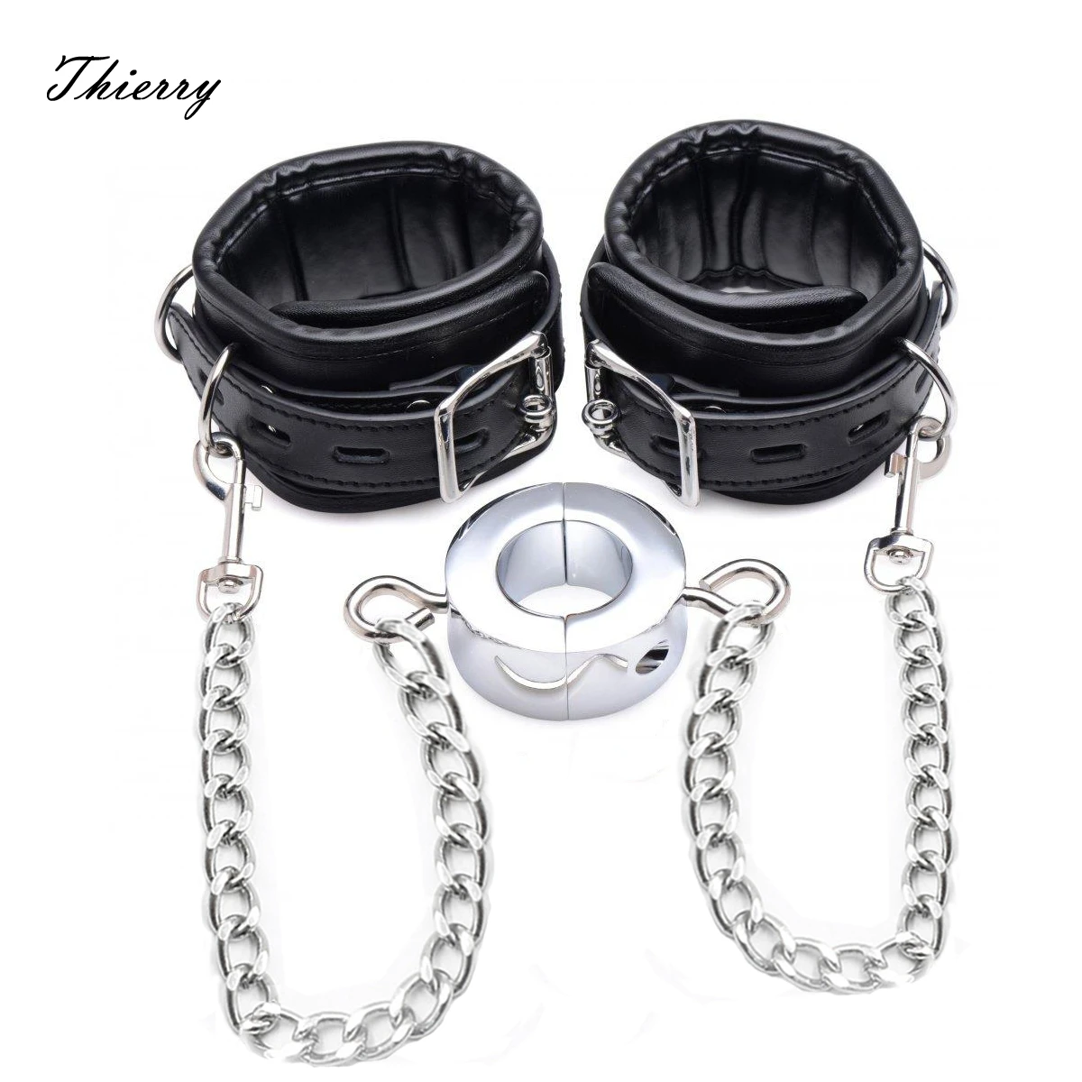 

Thierry Metal Penis SM Ring with Handcuffs Delay Ejaculation Traning Stretcher Scrotum Testicle Ball Bondage Male Cock Sex Toys