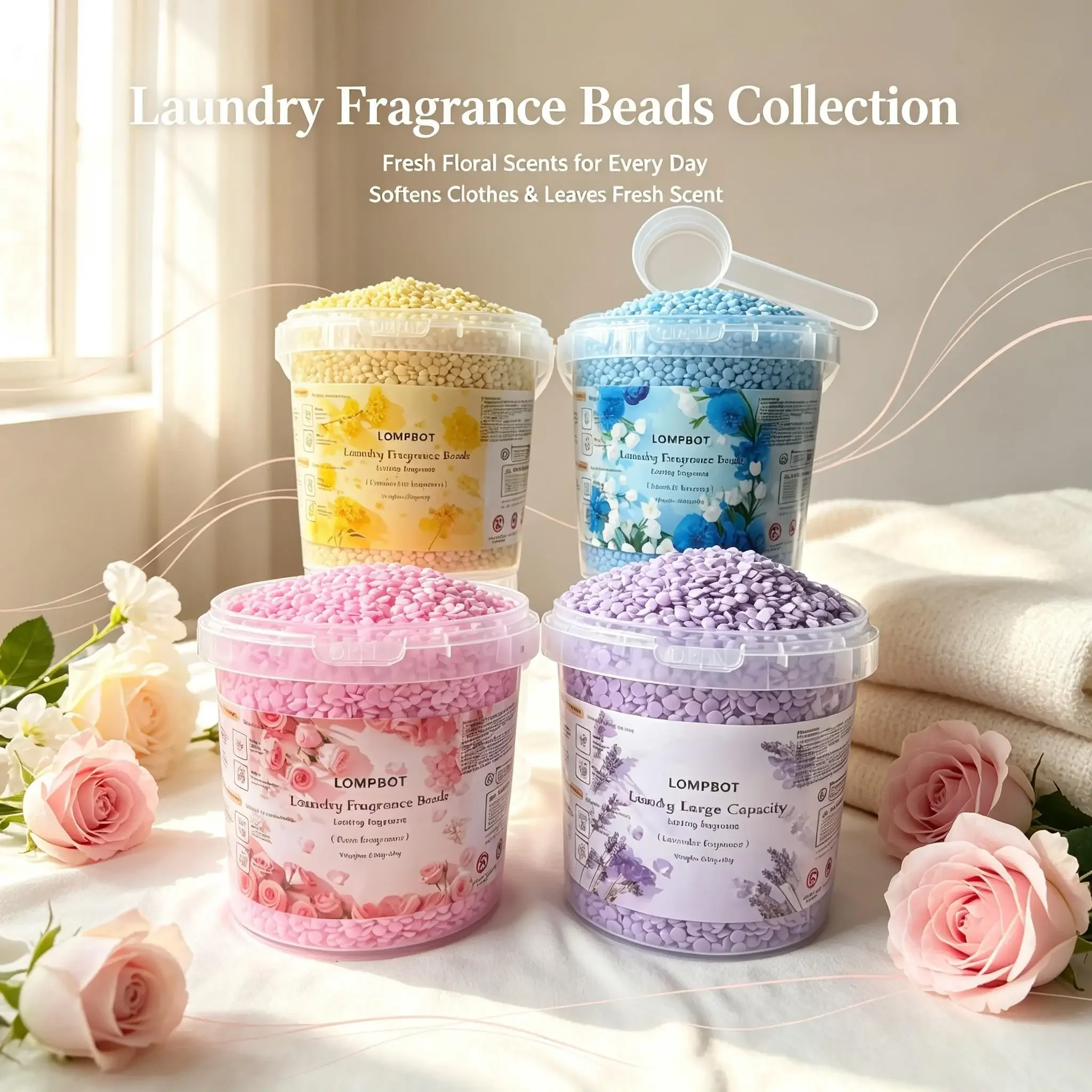 800g Big Bucket Laundry Scent Beads with Measuring Scoop, Long-Lasting Perfume-Grade Fragrance, Multi-Use for Clothes & Wardrobe